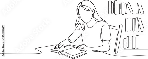 Single continuous line drawing girl student reading book in library or bookshop and sitting on chair at table. People read and study education or pupil learning lesson. one line Icon drawing