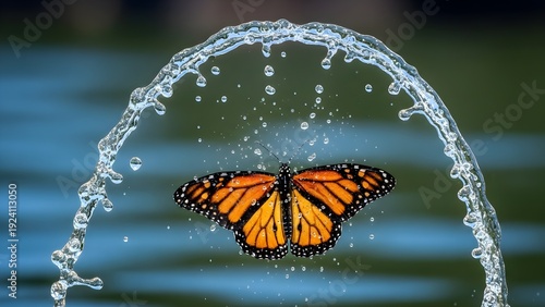 Monarchfalter fliegt �ber einen Wasserstrahl im Garten