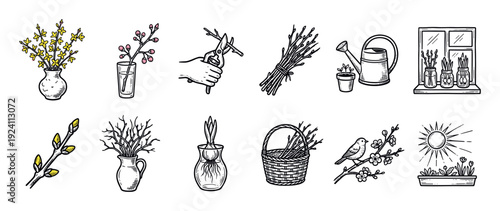 Collection of hand-drawn spring gardening icons with flowers, branches, tools, and a bird in a sketch style with color accents, isolated on a white background