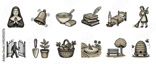 Set of vintage monastic life icons showing a praying nun, bell, books, gardening, and a beehive in a hand-drawn, sepia-toned engraving style isolated on white