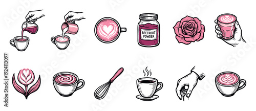 Set of hand-drawn pink beetroot latte illustrations showing the process of making the trendy drink with latte art, a whisk, and powder jar, isolated on a white background