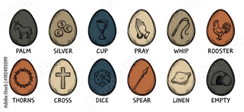 Twelve hand-drawn Easter eggs with Christian symbols telling the story of the Passion of Christ in a vintage sketch style, isolated on a white background for religious holiday design