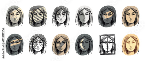 Set of twelve hand-drawn female portraits showing different emotional states and lighting effects, created in a graphic ink sketch style and isolated on a white background