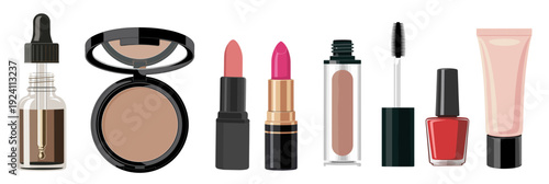 Minimalist flat illustration of makeup products including lipstick, mascara, nail polish, foundation and compact powder on transparent background.