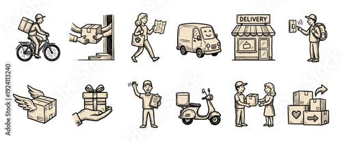 Set of hand drawn delivery service icons showing couriers, vehicles, and packages in a vintage sketch style isolated on a white background