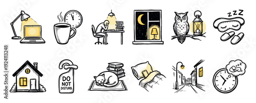 Hand-drawn doodle icon set related to night, sleep, and working late, featuring a laptop, owl, cat, and bed, sketched in black and yellow ink and isolated on a white background