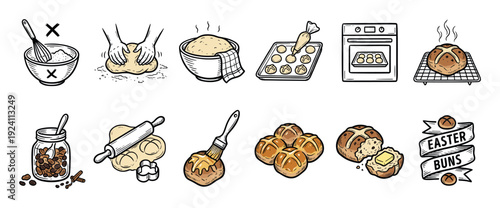 Hand-drawn hot cross bun recipe illustrations showing the complete baking process from kneading dough to the final Easter pastry with a cross, in a cartoon doodle style