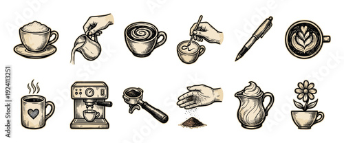 Set of hand-drawn coffee themed icons showing barista tools, latte art, espresso machine, and cups in a vintage engraving style isolated on a white background