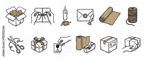 Set of hand-drawn packaging and shipping icons in a vintage doodle style showing boxes, tape, scissors, and wax seals for mail and delivery concepts, isolated on white background