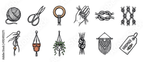 Set of hand-drawn macrame icons showing various knots, tools, plant hangers, and handmade elements in a vintage sketch style, isolated on a white background