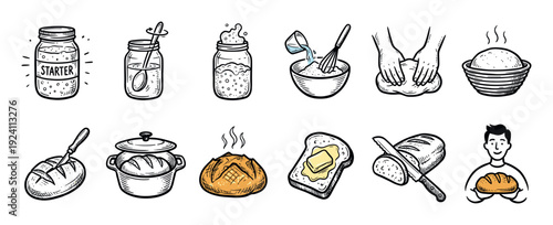 Hand-drawn sourdough bread making process icon set illustrating the steps from starter to finished loaf, showing kneading, proofing, and baking in a sketch style isolated on white