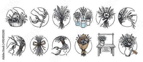Set of hand-drawn floristry icons showing the process of creating and selling bouquets, from picking flowers to arranging them in a vase, in a vintage sketch style isolated on white
