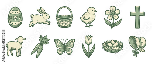 Set of vintage hand-drawn Easter icons including a bunny, chick, lamb, egg, cross, and basket in a muted green color palette, isolated on a white background