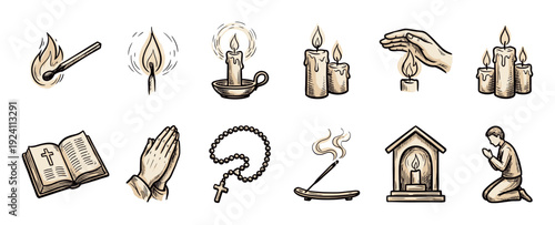 Set of hand-drawn religious icons including a bible, praying hands, rosary, and candles in a vintage sketch style isolated on a white background