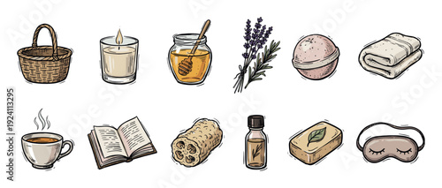 Beautiful set of hand-drawn spa and relaxation items including a candle, honey, lavender, bath bomb, and sleep mask in a colorful sketch style isolated on a white background
