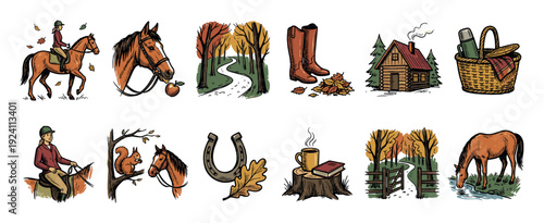 Set of hand-drawn autumn illustrations featuring horseback riding, a cozy cabin, picnic basket, and forest elements in a warm color palette, isolated on a white background