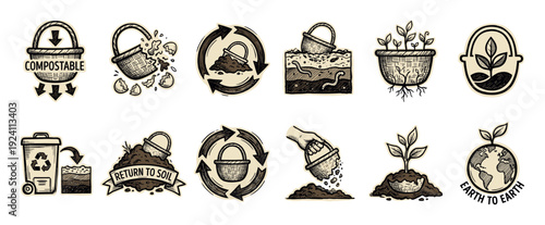Set of hand-drawn composting icons illustrating the cycle of biodegradable materials returning to the soil, drawn in a vintage sketch style isolated on a white background
