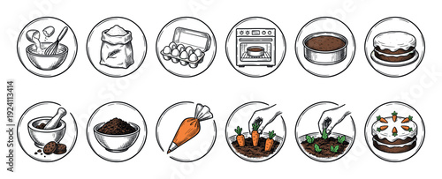 Hand-drawn carrot cake recipe icons set showing the step-by-step baking process from ingredients to finished dessert in a vintage sketch style isolated on white background