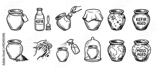 Hand drawn icon set showing the process of aging and fermenting in clay pots, a black and white sketch collection of craft instructions isolated on white background