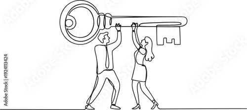 Single one line drawing businessman and businesswoman lift up big golden key, symbol of success. Male and female hold together key. one line Icon drawing