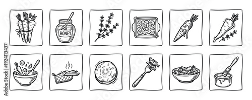 Black and white cooking icons set illustrating a honey carrot recipe, with hand drawn doodle style elements like roasting, glazing, and mixing in bowls, isolated on white