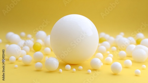 Glossy white spheres of varying sizes scattered across a vibrant yellow background
