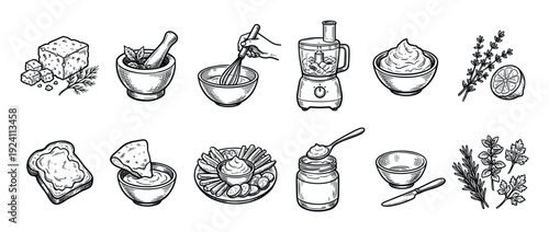 Hand-drawn food preparation icons set showing ingredients and steps for making dips and spreads like hummus or whipped feta, in a vintage sketch style isolated on white