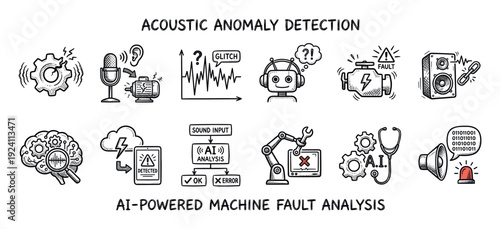 Hand-drawn icon set illustrating acoustic anomaly detection and AI-powered machine fault analysis for predictive maintenance, a doodle-style infographic isolated on white background