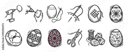 Hand-drawn icon set illustrating the traditional craft of Easter egg embroidery, showing the step-by-step process with tools like needle and thread in a sketch style, isolated on white