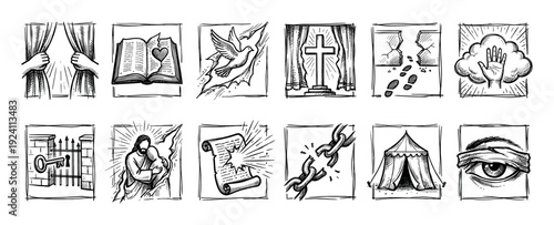 Hand-drawn Christian religious doodle icon set with twelve symbols including a cross, bible, dove, and broken chains illustrating biblical concepts of faith and salvation