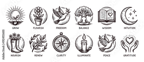 Hand-drawn spiritual wellness and self-care icons set in a vintage engraving style representing concepts like growth, peace, and gratitude, isolated on a white background
