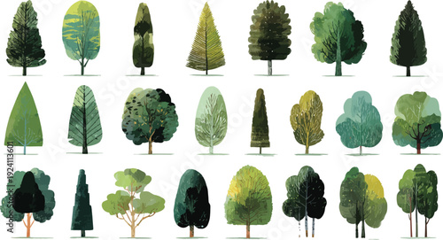 Collection of twenty four stylized green trees with varied shapes and textures nature forest