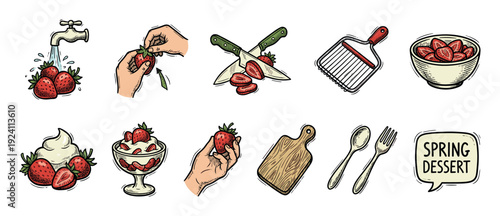 Hand-drawn strawberry dessert preparation icon set showing washing, hulling, and slicing berries with cream and kitchen utensils in a vintage color sketch style isolated on white