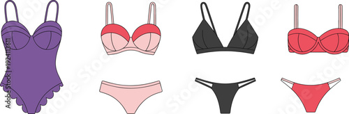 Collection of colorful lingerie and swimwear flat sketches on white background bikini panties