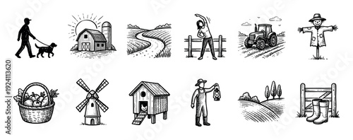 Set of hand-drawn farm and rural life icons in a vintage sketch style, featuring a barn, tractor, farmer, and windmill, isolated on a white background