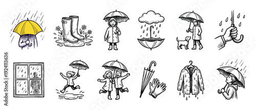 Hand drawn rainy weather icon set illustration with doodle style people, umbrellas, boots, and raincoats for autumn season concepts, isolated on a clean white background