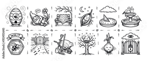 Set of hand-drawn black and white illustrations about waiting and patience, featuring a sleeping gnome, beehive, sundial, and locked gate in a vintage engraving style isolated on white