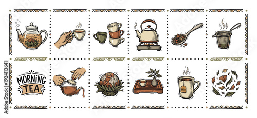 Hand drawn set of tea ceremony elements with teapot, kettle, cups, loose leaves, and blooming flower in a vintage engraving style, isolated on white background