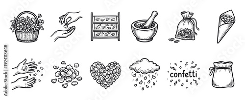 Vintage sketch illustration icon set of flower petal confetti for weddings, including a basket, drying rack, mortar, and hands tossing petals, isolated on a white background