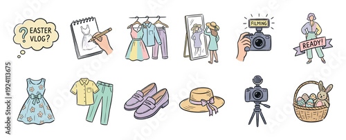 Set of hand-drawn doodle icons for an Easter vlog showing fashion, clothes, camera equipment, and holiday symbols like eggs and a bunny, isolated on a white background