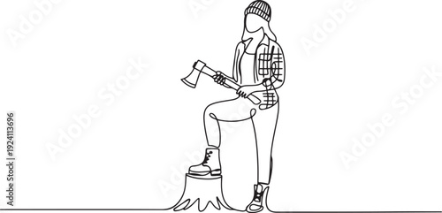 Single one line drawing woman lumberjack wearing plaid shirt, jeans, boots and beanie hat. Standing with ax and posing with one foot on a tree stump. one line Icon drawing