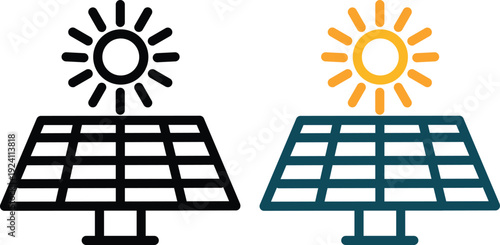 Modern solar panel and renewable energy icons set featuring sun, photovoltaic panels, battery storage and green power symbols. Ideal for sustainability.