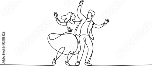 Single one line drawing husband and wife dancing. Like dancing ska. Following the trumpet beat. In rhythm. In tune. Pleasant. International Dance Day. one line Icon drawing