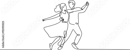 Single one line drawing husband and wife dancing. Like dancing ska. Following the trumpet beat. In rhythm. In tune. Pleasant. International Dance Day. one line Icon drawing