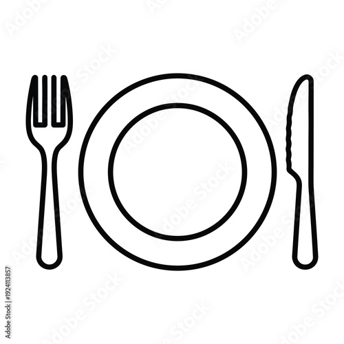 Simple outline illustration of a dinner plate with fork and knife representing mealtime dining and restaurant concepts ideal for menus and culinary themes