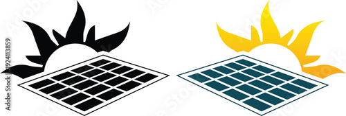 Modern solar panel and renewable energy icons set featuring sun, photovoltaic panels, battery storage and green power symbols. Ideal for sustainability.