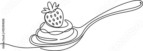 Single one line drawing spoon filled with chocolate and strawberry. One spoonful as a dessert. Delicious sweet food. Tasty. National Chocolate Mousse Day. one line Icon drawing