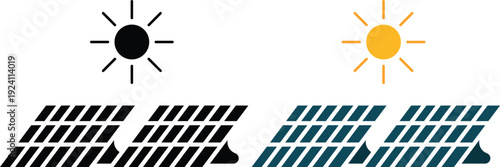 Modern solar panel and renewable energy icons set featuring sun, photovoltaic panels, battery storage and green power symbols. Ideal for sustainability.