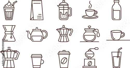 Coffee and tea outline icon set with french press moka pot cup takeaway and brewing equipment vector illustration