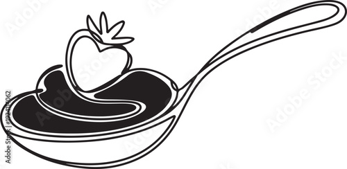 Single one line drawing spoon filled with chocolate and strawberry. One spoonful as a dessert. Delicious sweet food. Tasty. National Chocolate Mousse Day. one line Icon drawing